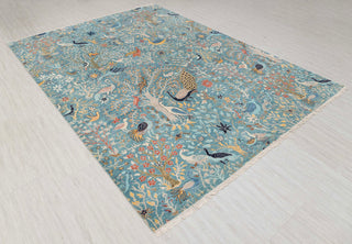 Blue Peacock High Quality Birds Garden Scene Soft Hand Knotted Hand Spun Wool Rug 2619