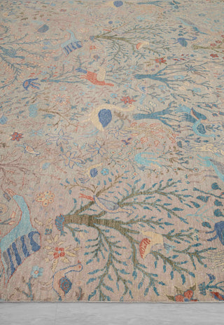 10x14 Gray Blue Peacock High Quality Birds Garden Scene Soft Hand Knotted Hand Spun Wool Rug JC-8249