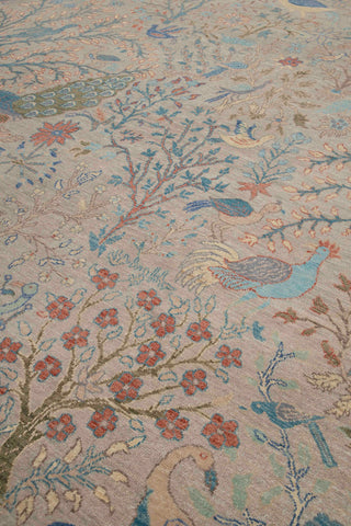 10x14 Gray Blue Peacock High Quality Birds Garden Scene Soft Hand Knotted Hand Spun Wool Rug JC-8249