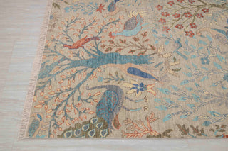 10x14 Gray Blue Peacock High Quality Birds Garden Scene Soft Hand Knotted Hand Spun Wool Rug JC-8249