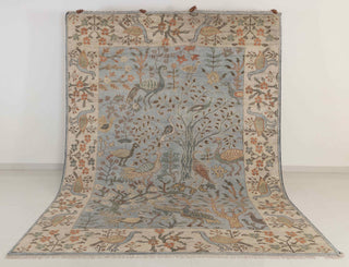 Blue Cream Birds Garden Oushak Soft Hand Knotted Hand Spun Wool Rug #1140