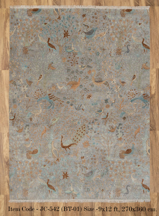 9x12 Grey Peacock High Quality Birds Garden Scene Soft Hand Knotted Hand Spun Wool Rug JC-542