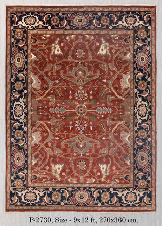 9X12 Rust/Blue Serapi Retro High Quality Hand Knotted 100% Wool Rug, Rug P-2730