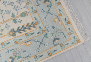 Cream Blue Garden Pine Tree Of life Rug Modern Oushak Rug Premium Wool Hand Knotted Turkish Inspired, #2774