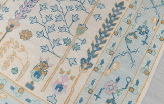 Cream Blue Garden Pine Tree Of life Rug Modern Oushak Rug Premium Wool Hand Knotted Turkish Inspired, #2774