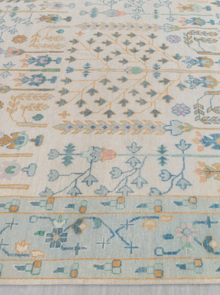 Cream Blue Garden Pine Tree Of life Rug Modern Oushak Rug Premium Wool Hand Knotted Turkish Inspired, #2774