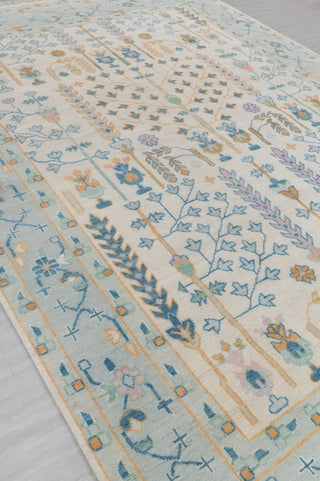 Cream Blue Garden Pine Tree Of life Rug Modern Oushak Rug Premium Wool Hand Knotted Turkish Inspired, #2774