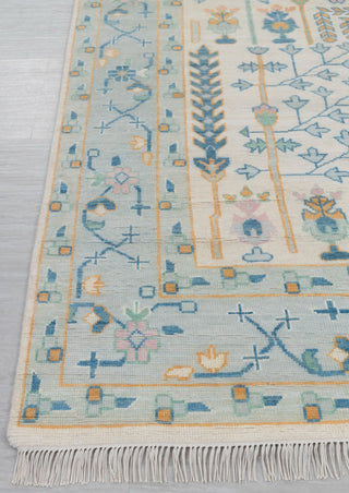 Cream Blue Garden Pine Tree Of life Rug Modern Oushak Rug Premium Wool Hand Knotted Turkish Inspired, #2774