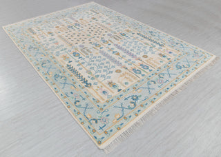 Cream Blue Garden Pine Tree Of life Rug Modern Oushak Rug Premium Wool Hand Knotted Turkish Inspired, #2774