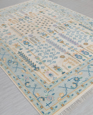 Cream Blue Garden Pine Tree Of life Rug Modern Oushak Rug Premium Wool Hand Knotted Turkish Inspired, #2774