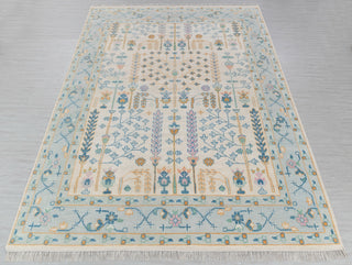 Cream Blue Garden Pine Tree Of life Rug Modern Oushak Rug Premium Wool Hand Knotted Turkish Inspired, #2774