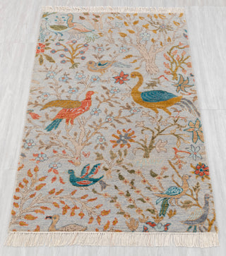 3x5 Light Blue Grey Modern Birds Scene Oushak Soft Hand Knotted Hand Spun Wool Rug JC-7514