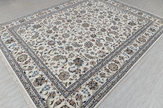 Ivory Cream High Quality Hand Knotted Persian Design Indo Nain Tabriz Wool Silk Rug-G-5429