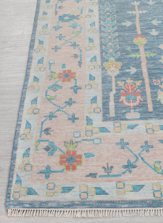 Blue Pink Garden Pine Tree Of life Rug Modern Oushak Rug Premium Wool Hand Knotted Turkish Inspired, #2524