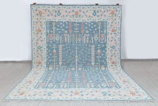 Blue Pink Garden Pine Tree Of life Rug Modern Oushak Rug Premium Wool Hand Knotted Turkish Inspired, #2524