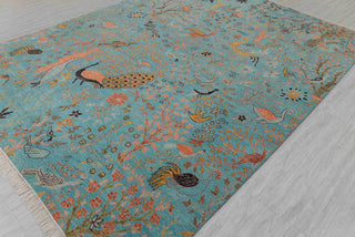8x10 Turquoise Blue Colorful Birds Garden High Quality Hand Knotted Wool Rug,4186