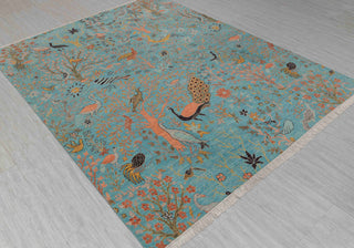 8x10 Turquoise Blue Colorful Birds Garden High Quality Hand Knotted Wool Rug,4186