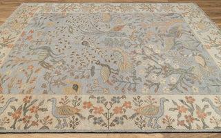 Blue Cream Birds Garden Oushak Soft Hand Knotted Hand Spun Wool Rug #1140