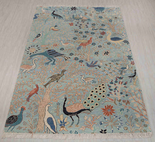 5x8 Light Blue Birds Peacock Garden Fine Quality Soft Hand Knotted Wool Rug JC-8191