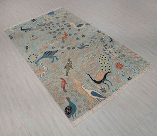 5x8 Light Blue Birds Peacock Garden Fine Quality Soft Hand Knotted Wool Rug JC-8191