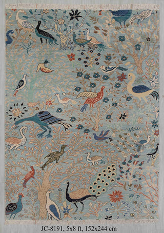 5x8 Light Blue Birds Peacock Garden Fine Quality Soft Hand Knotted Wool Rug JC-8191
