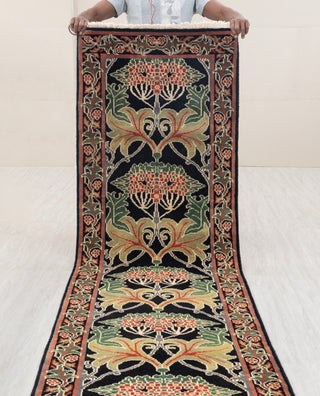 2.6x10 Foot Black Green Arts & Crafts William Morris Runner Rug Hand Knotted Wool Soft, Thick and Plush Feel #G-11471