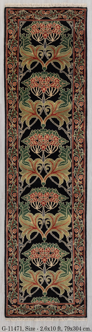 2.6x10 Foot Black Green Arts & Crafts William Morris Runner Rug Hand Knotted Wool Soft, Thick and Plush Feel #G-11471