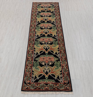 2.6x10 Foot Black Green Arts & Crafts William Morris Runner Rug Hand Knotted Wool Soft, Thick and Plush Feel #G-11471