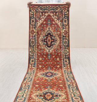 2.6x14Ft. Red Serapi Persian Reproduction Runner Rug Hand Knotted Wool Soft and Plush Feel #G-11472