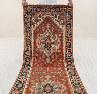 2.6x8 Foot Red Navy Antique Look Serapi Persian Reproduction Runner Rug Hand Knotted Wool Soft, Thick and Plush Feel #G-11474