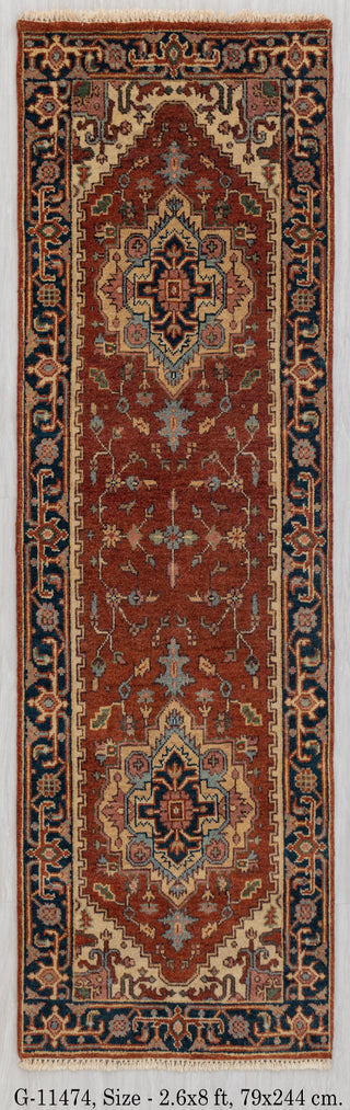 2.6x8 Foot Red Navy Antique Look Serapi Persian Reproduction Runner Rug Hand Knotted Wool Soft, Thick and Plush Feel #G-11474