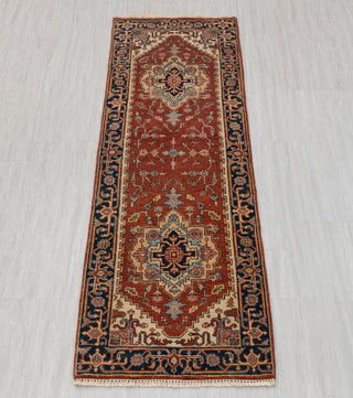 2.6x8 Foot Red Navy Antique Look Serapi Persian Reproduction Runner Rug Hand Knotted Wool Soft, Thick and Plush Feel #G-11474