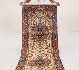 2.6x10 Foot Beige Red Antique Look Serapi Persian Reproduction Runner Rug Hand Knotted Wool Soft, Thick and Plush Feel #G-11478