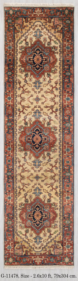 2.6x10 Foot Beige Red Antique Look Serapi Persian Reproduction Runner Rug Hand Knotted Wool Soft, Thick and Plush Feel #G-11478