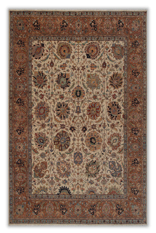 Cream Rust Persian Tabriz Reproduction Fine Density Hand Knotted Wool Rug, G-9643