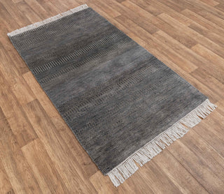 3x5 Gray Savannah Striped Handmade Rug Modern Wool and Silk Rug #5135-A (90x150 Cms.)