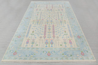 Cream Blue Garden Pine Tree Of life Rug Modern Oushak Rug Premium Wool Hand Knotted Turkish Inspired, #2174