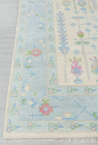 Cream Blue Garden Pine Tree Of life Rug Modern Oushak Rug Premium Wool Hand Knotted Turkish Inspired, #2174