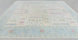 Cream Blue Garden Pine Tree Of life Rug Modern Oushak Rug Premium Wool Hand Knotted Turkish Inspired, #2174