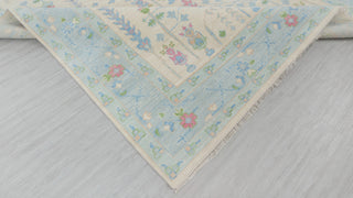 Cream Blue Garden Pine Tree Of life Rug Modern Oushak Rug Premium Wool Hand Knotted Turkish Inspired, #2174