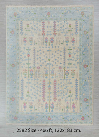 Cream Blue Garden Pine Tree Of life Rug Modern Oushak Rug Premium Wool Hand Knotted Turkish Inspired, #2174
