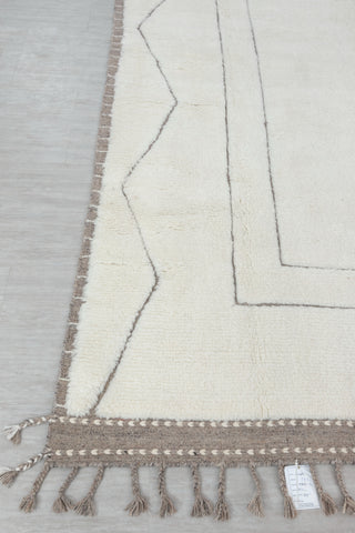 Ivory White Grey Zigzag Border Moroccan Beni Ourain Berber Shag Boho Hand Knotted Wool Rug, CUSTOMIZE in any size-MRB-12