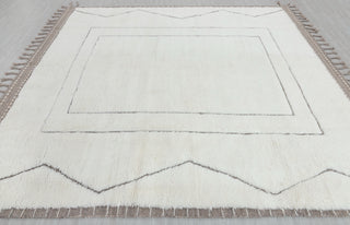 Ivory White Grey Zigzag Border Moroccan Beni Ourain Berber Shag Boho Hand Knotted Wool Rug, CUSTOMIZE in any size-MRB-12