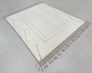 Ivory White Grey Zigzag Border Moroccan Beni Ourain Berber Shag Boho Hand Knotted Wool Rug, CUSTOMIZE in any size-MRB-12