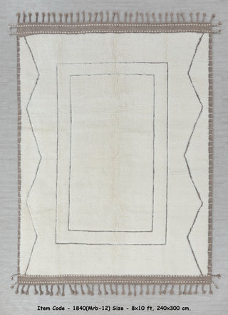 Ivory White Grey Zigzag Border Moroccan Beni Ourain Berber Shag Boho Hand Knotted Wool Rug, CUSTOMIZE in any size-MRB-12
