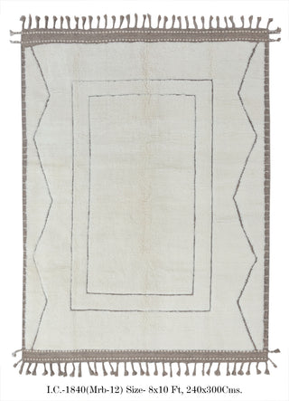 Ivory White Grey Zigzag Border Moroccan Beni Ourain Berber Shag Boho Hand Knotted Wool Rug, CUSTOMIZE in any size-MRB-12