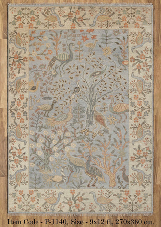 Blue Cream Birds Garden Oushak Soft Hand Knotted Hand Spun Wool Rug #1140