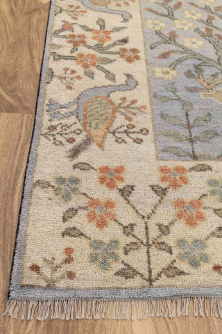 Blue Cream Birds Garden Oushak Soft Hand Knotted Hand Spun Wool Rug #1140