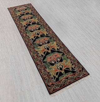 2.6x10 Foot Black Green Arts & Crafts William Morris Runner Rug Hand Knotted Wool Soft, Thick and Plush Feel #G-11471