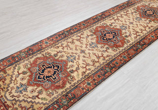 2.6x10 Foot Beige Red Antique Look Serapi Persian Reproduction Runner Rug Hand Knotted Wool Soft, Thick and Plush Feel #G-11478